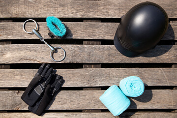 Equipment for horse riding: bridle, helmet, bandages, gloves, brush