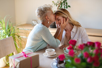 Happy senior mother having coffee with adult daughter indoors at home, kissing her on forehead.