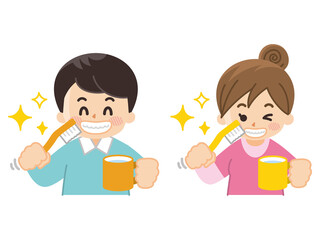 歯磨きをする若い男女