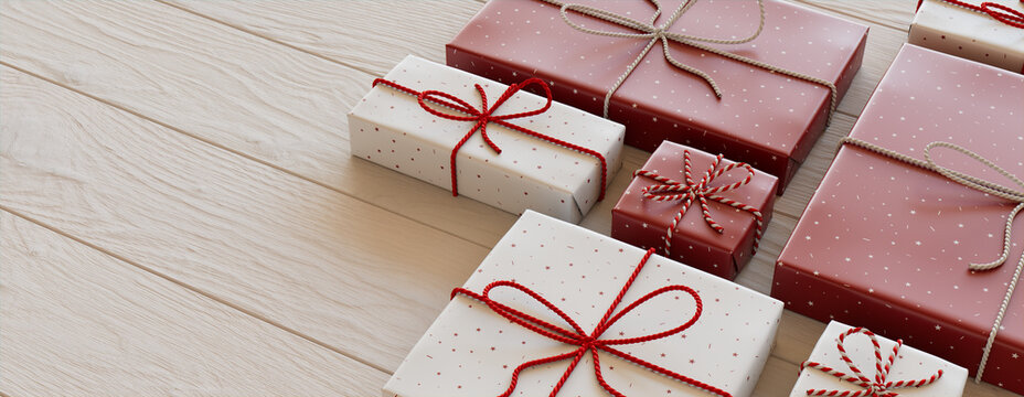 Christmas Gifts on a White Wood floor, with Red and White Designs.