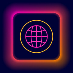 Glowing neon line Global technology or social network icon isolated on black background. Colorful outline concept. Vector