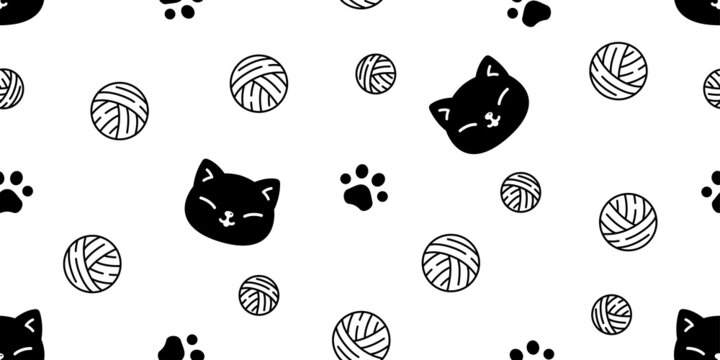 cat seamless pattern yarn ball paw footprint kitten calico vector breed pet scarf gift wrapping paper cartoon doodle repeat wallpaper tile background illustration design