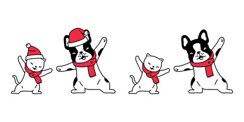 dog cat vector Christmas french bulldog Santa Claus hat kitten puppy neko calico pet icon character cartoon symbol scarf illustration design