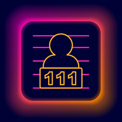 Glowing neon line Suspect criminal icon isolated on black background. The criminal in prison, suspected near the board. Colorful outline concept. Vector