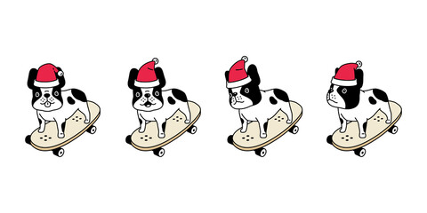 dog vector Christmas french bulldog Santa Claus hat skateboard surfskate icon puppy pet character cartoon symbol tattoo stamp scarf illustration design