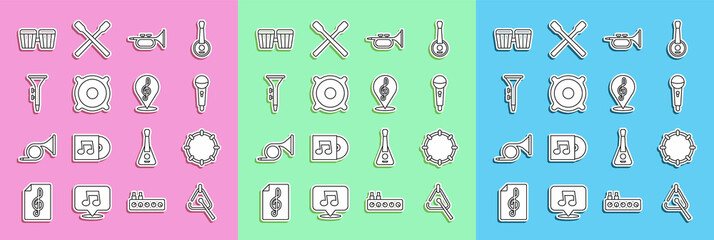Set line Triangle, Tambourine, Microphone, Trumpet, Stereo speaker, Drum and drum sticks, and Treble clef icon. Vector © Vadim