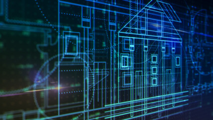 cad software concept, house blueprint, futuristic interface (3d render)