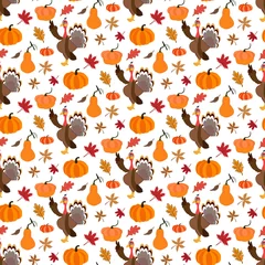 Fotobehang Funny Thanksgiving Turkey bird cartoon character seamless pattern vector illustration © parkheta