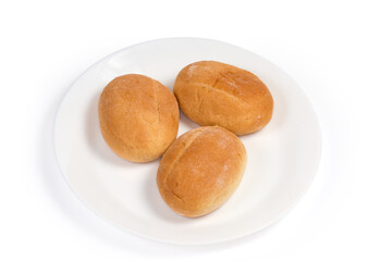 Three small buns on white dish on a white background