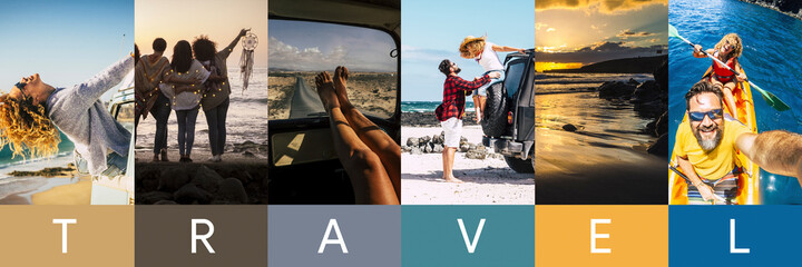 Travel lifestyle header banner concept. Vertical collage of pictures men and women enjoying summer...