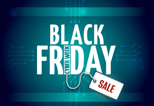 Black Friday Sale - Cyber Week Discount Banner,  Circuit Board And Price Tag Illustration