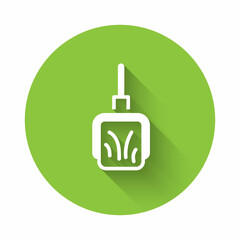 White Dustpan icon isolated with long shadow. Cleaning scoop services. Green circle button. Vector