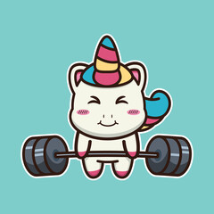 vector illustration of cute unicorn  
lifting barbell
suitable for children's books, birthday cards, valentine's day.