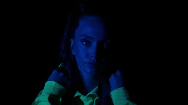 Tender confident rave subculture lady enjoy futuristic neon multicolor fantasy