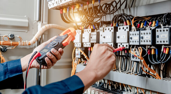 Electrician engineer uses a multimeter to test the electrical installation and power line current in an electrical system control cabinet.