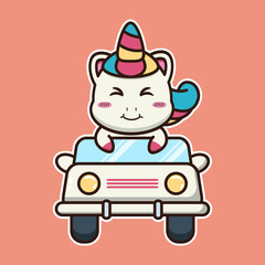 vector illustration of cute unicorn  
driving a car
suitable for children's books, birthday cards, valentine's day.