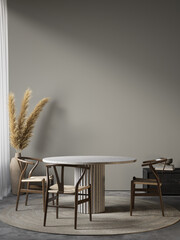 Gray interior with dining table and decor. 3d render illustration mockup.
