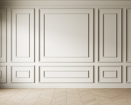 Beige classic interior with moldings wall panel. 3d render illustration mockup.