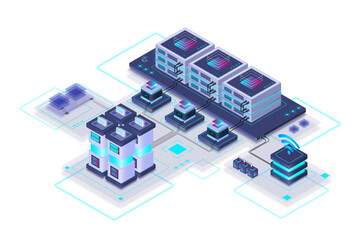 Data center or server room processing data operation with security protection and maintenance with isometric design style 