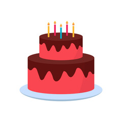 Delicious Cake with Candles for Birthday Party. Cute Cake with Icing Chocolate Cream on Plate for Birthday, Anniversary, Wedding. Colorful Sweet Tasty Bakery. Isolated Vector Illustration