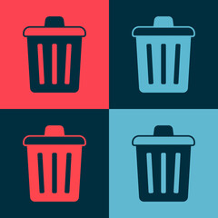 Pop art Trash can icon isolated on color background. Garbage bin sign. Recycle basket icon. Office trash icon. Vector