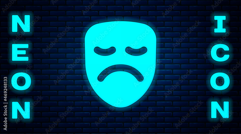 Wall mural Glowing neon Drama theatrical mask icon isolated on brick wall background. Vector