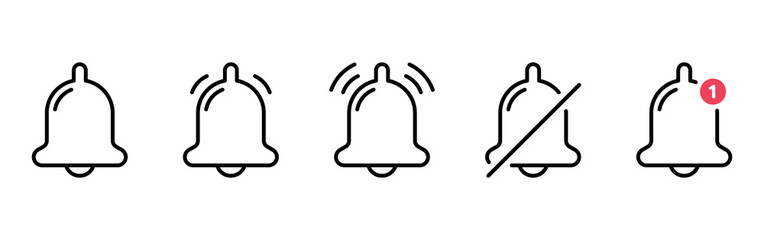 Obraz premium Set of Notification Bells and Silent Mode Concept Line Icons. Ringing Doorbells Outline Icons for Mobile Phone App. Bell with Red Button. Notice Symbol on Smartphone. Isolated Vector Illustration