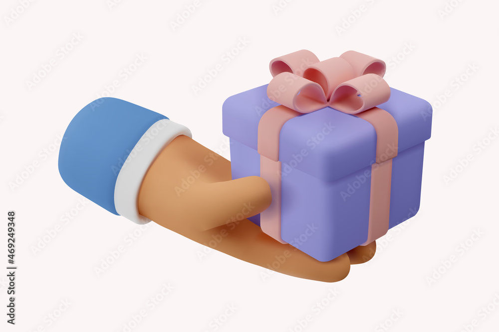 Poster 3d icon gift in hand. vector cartoon arm holding gesture. realistic illustration of giving a present