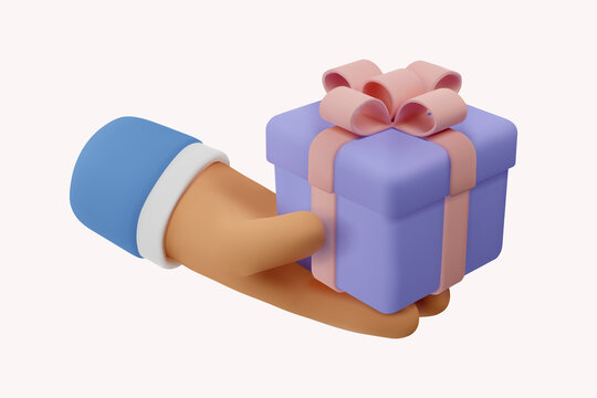3d icon gift in hand. Vector cartoon arm holding gesture. Realistic illustration of giving a present for social media - Powered by Adobe