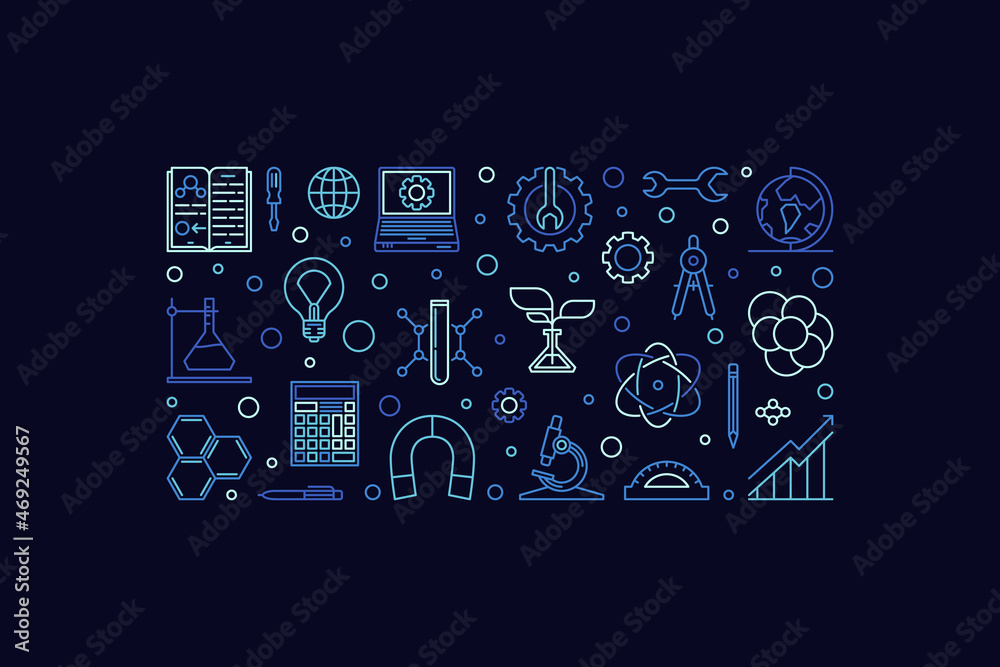 Sticker stem concept horizontal banner vector blue line illustration