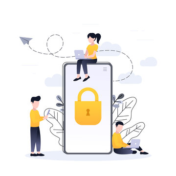 Protection of mobile data and personal information, hands holding mobile phone with lock, data access concept, flat cartoon vector with floral elements.