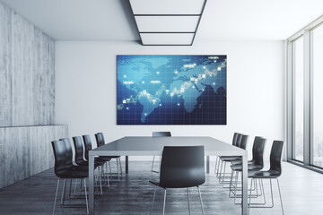 Abstract creative financial graph with world map on presentation screen in a modern conference room, forex and investment concept. 3D Rendering