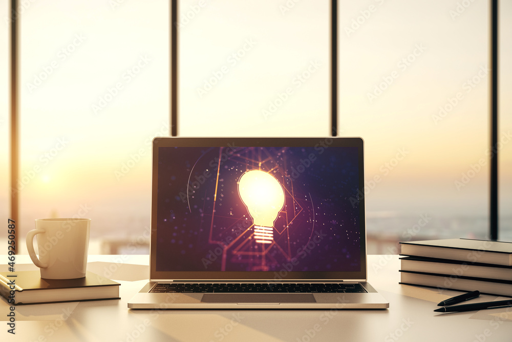 Aufkleber Modern computer monitor with creative light bulb hologram, research and development concept. 3D Rendering