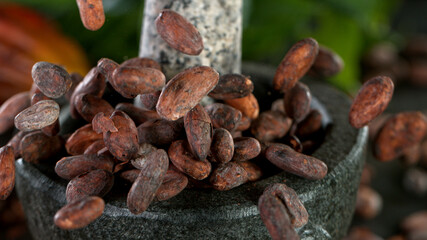 Freeze Motion Shot of Crushing Raw Cocoa Beans into Mortar.