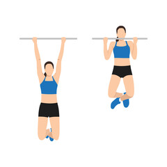 Fototapeta na wymiar Woman doing Chin up exercise. Flat vector illustration isolated on white background. workout character set