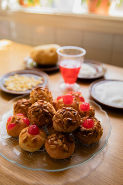 Homemade fresh panellets on plate at table
