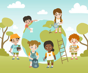 Obraz na płótnie Canvas Friendly kids take care of the planet earth. Diverse children recycling, gardening, cleaning in the park. Poster about care of environment.