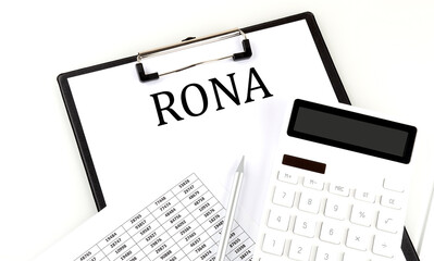 RONA text on folder with chart and calculator on white background