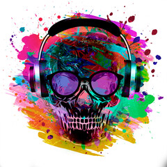 Colored skull with earphones in eyeglasses with creative abstract colorful spots elements on white background - obrazy, fototapety, plakaty