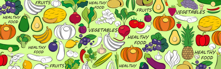 Vector banner with vegetables and fruits on a light green background. Line art style.