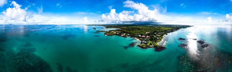 Mauritius, Riviere du Rempart, Cap Malheureux, Aerial panorama of Indian Ocean with island in background