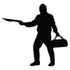 Robber with his gun weapon for rob the bank silhouette vector on white background. Danger man in public.
