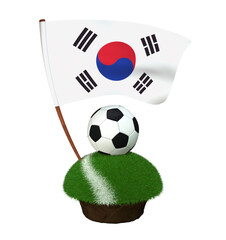 Ball for playing football and national flag of Korea on field with grass