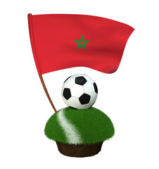Ball for playing football and national flag of Morocco on field with grass