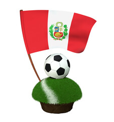 Ball for playing football and national flag of Peru on field with grass