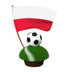 Ball for playing football and national flag of Poland on field with grass