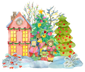 Watercolor illustration with family singing carols, beautiful cottage house, decorated conifer and nature isolated on white.