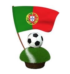 Ball for playing football and national flag of Portugal on field with grass
