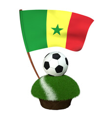 Ball for playing football and national flag of Senegal on field with grass