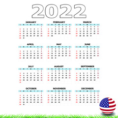 Calendar 2022 template on a white background. United States of America flag on a decorative ball. Week starts on Sunday, holidays in red colors. Vector illustration.